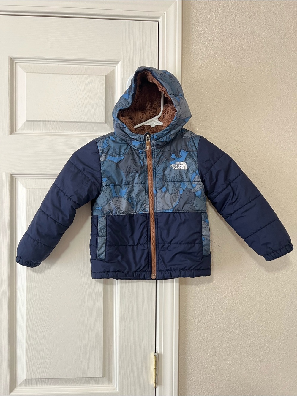 The North Face Reversible Sherpa Puffer Jacket Blue Brown Bear Toddler 3T